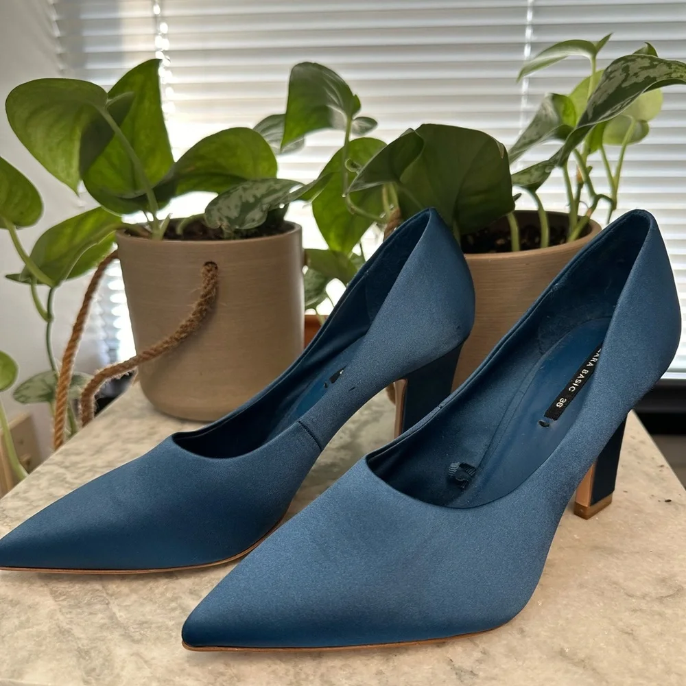 Zara - Satiny Blue Heels - Picture 1 of 7